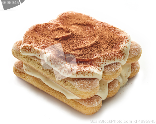 Image of Tiramisu cake on white background