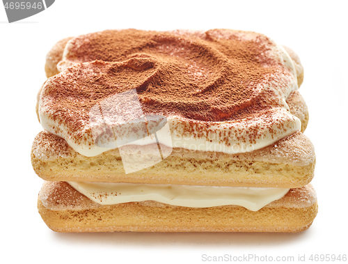 Image of Tiramisu cake on white background