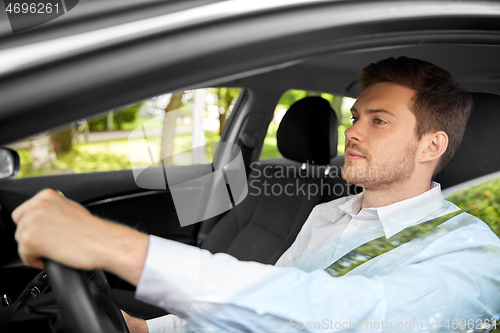 Image of man or driver driving car in summer