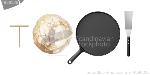 Image of Pancake, frying pan, spatula and wooden spreader