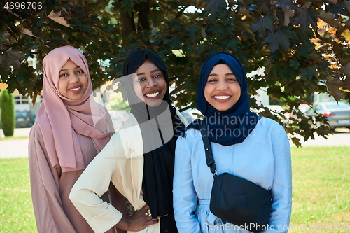 Image of businesswoman group portrait wearing traditional islamic clothes