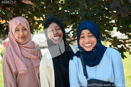 Image of businesswoman group portrait wearing traditional islamic clothes