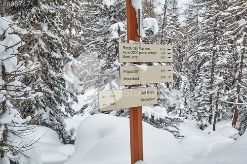 Image of Winter Snowy Mountain Hiking Signs