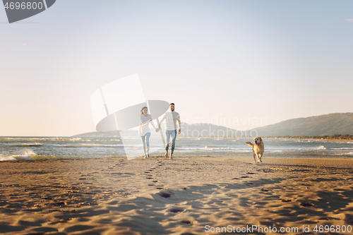 Image of couple with dog having fun on beach on autmun day