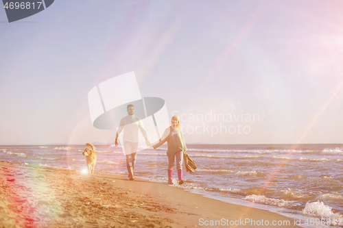 Image of couple with dog having fun on beach on autmun day