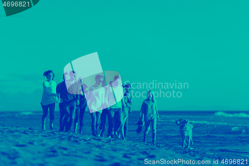 Image of Group of friends running on beach during autumn day