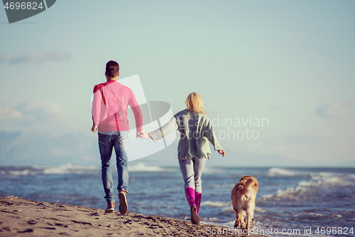 Image of couple with dog having fun on beach on autmun day