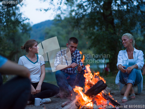 Image of young friends relaxing around campfire