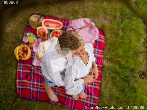 Image of top view of couple enjoying picnic time