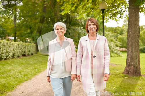 Image of senior women or friends walking along summer park