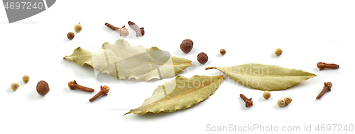 Image of dried bay leaves, cloves and pepper