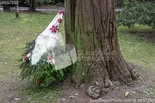 Image of Small garden dwarf made of pine twigs as a Christmas decoration 