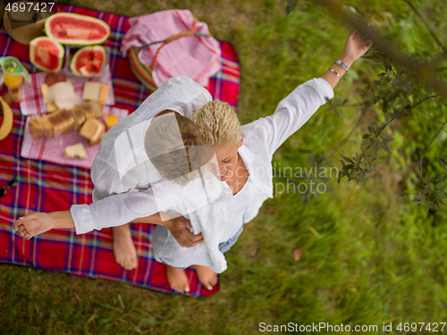 Image of top view of couple enjoying picnic time