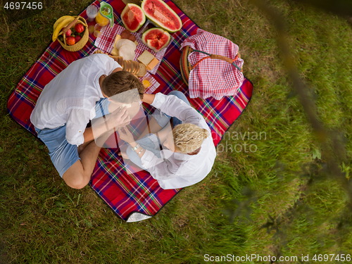 Image of top view of couple enjoying picnic time