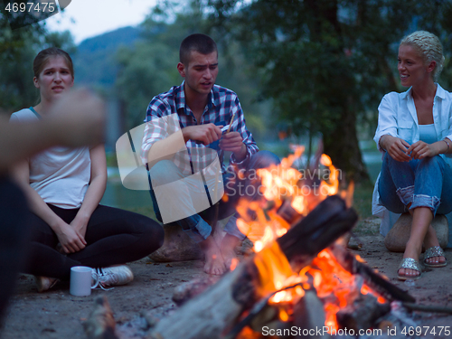 Image of young friends relaxing around campfire