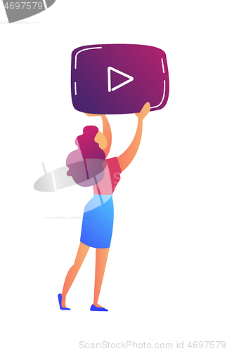 Image of Female video blogger holding video player icon vector illustration.