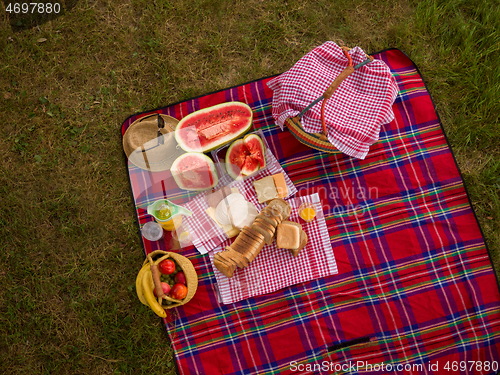 Image of top view of picnic blanket setting on the grass