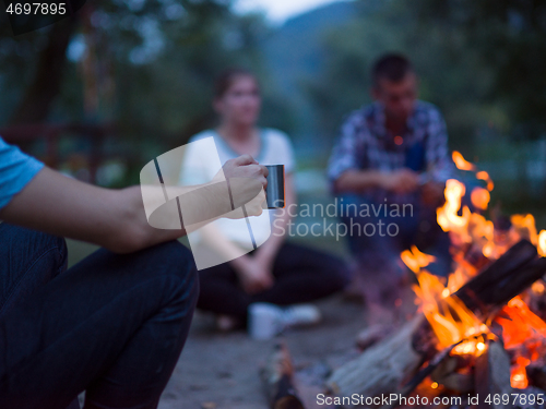 Image of young friends relaxing around campfire