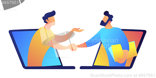 Image of Two businessmen talking through laptop screens vector illustration.