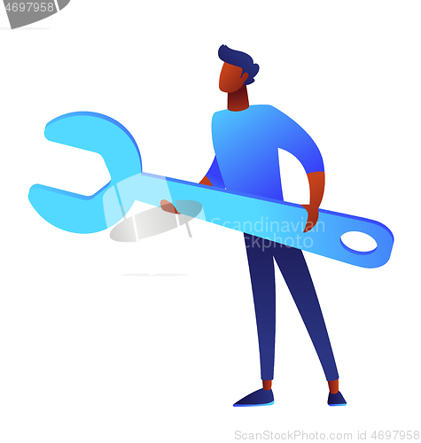 Image of Bsinessman is holding huge wrench vector illustration.