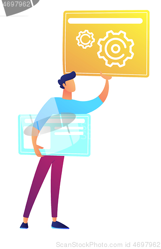 Image of Web designer holding web pages with gears and lines vector illustration.