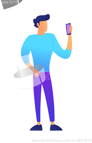 Image of Male vlogger standing and using smartphone vector illustration.