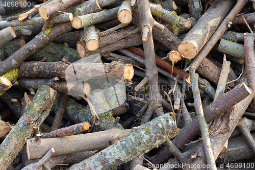 Image of Heap of randomly piled firewood close up