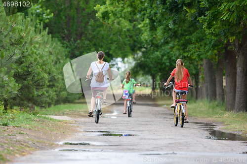 Image of Mom with two children ride a bike in the park in the morning, back view