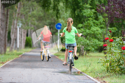 Image of Two girlfriends ride a bike along the paths in the park, view from the back