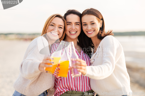 Image of young women toasting non alcoholic drinks on beach