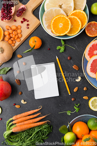 Image of close up of notebook, fruits and vegetables