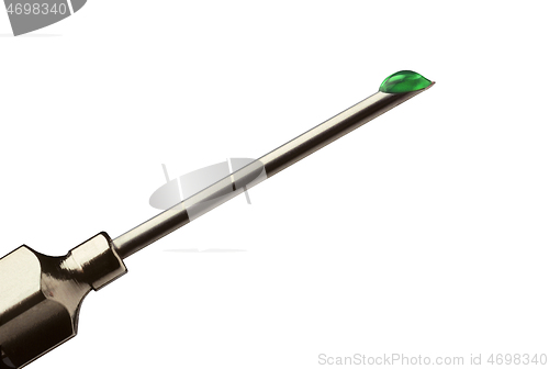 Image of Drop of green liquid at the tip of a hypodermic needle