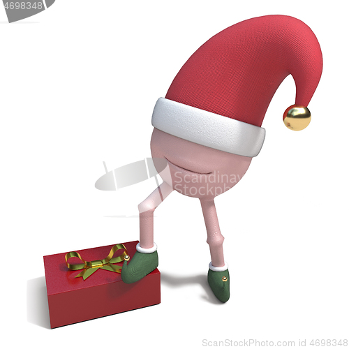 Image of 3D rendering of cartoon character in Christmas hat and boots wit