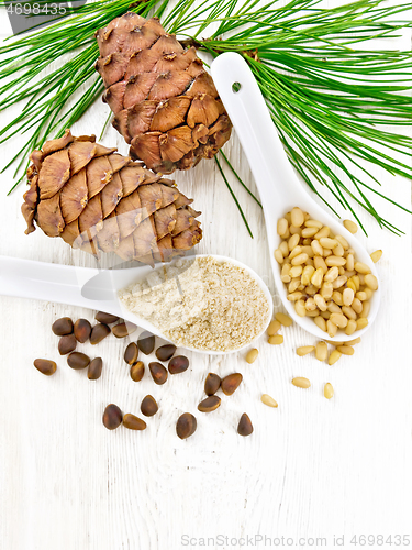 Image of Flour cedar and nuts in two spoons on light board top