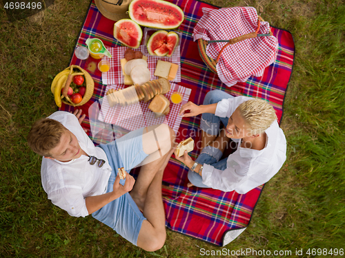 Image of top view of couple enjoying picnic time