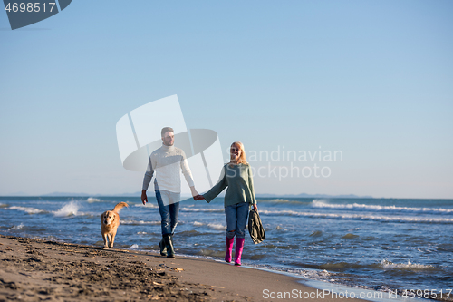 Image of couple with dog having fun on beach on autmun day