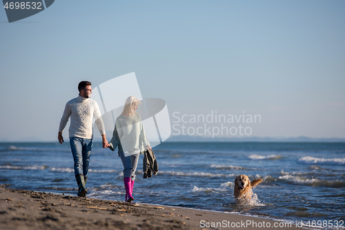 Image of couple with dog having fun on beach on autmun day