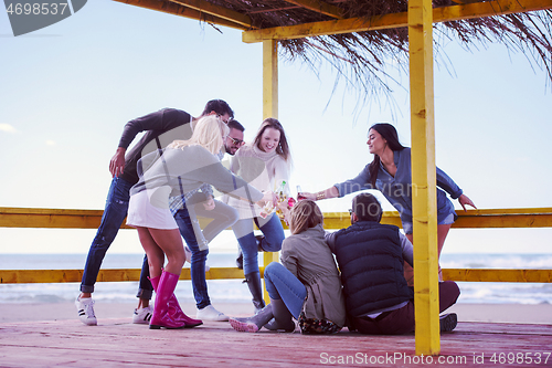 Image of Group of friends having fun on autumn day at beach