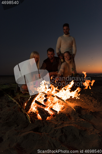 Image of Friends having fun at beach on autumn day