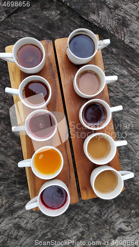 Image of Coffee and tea testing on the wood table Bali