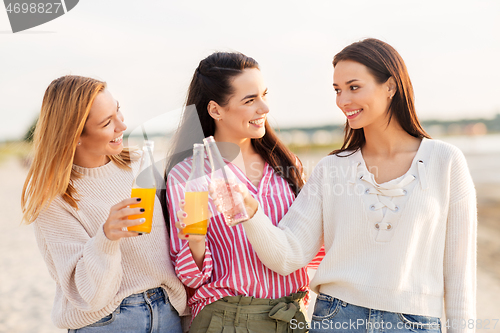 Image of young women toasting non alcoholic drinks on beach