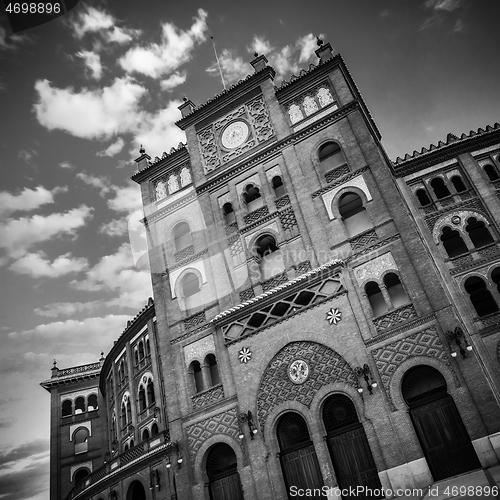 Image of Bullring in Madrid, Las Ventas, situated at Plaza de torros. It is the bigest bullring in Spain in black and white.