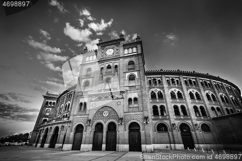 Image of Bullring in Madrid, Las Ventas, situated at Plaza de torros. It is the bigest bullring in Spain in black and white.