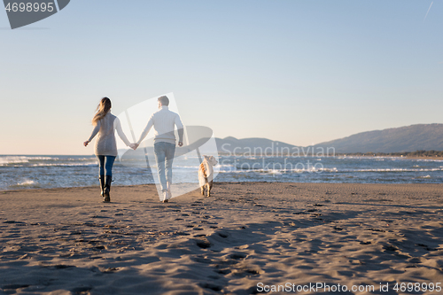 Image of couple with dog having fun on beach on autmun day