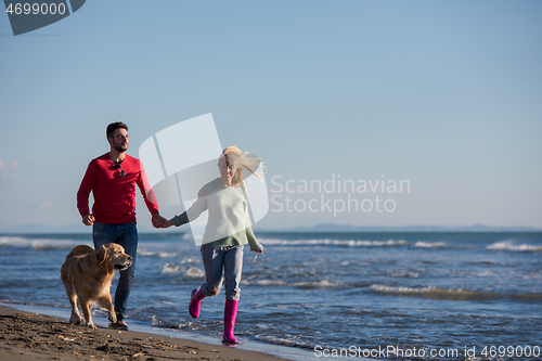 Image of couple with dog having fun on beach on autmun day