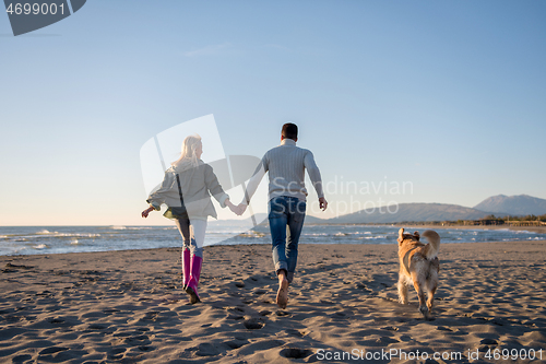 Image of couple with dog having fun on beach on autmun day