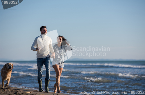 Image of couple with dog having fun on beach on autmun day