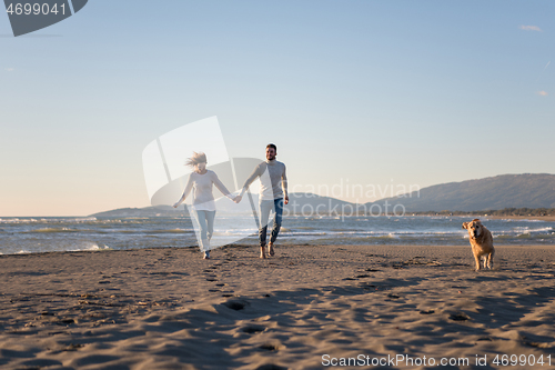 Image of couple with dog having fun on beach on autmun day