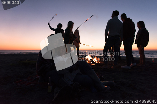 Image of Couple enjoying bonfire with friends on beach