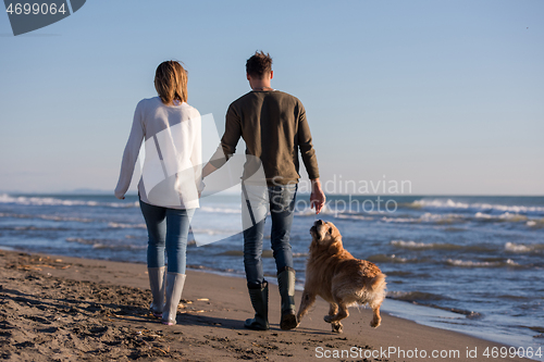 Image of couple with dog having fun on beach on autmun day